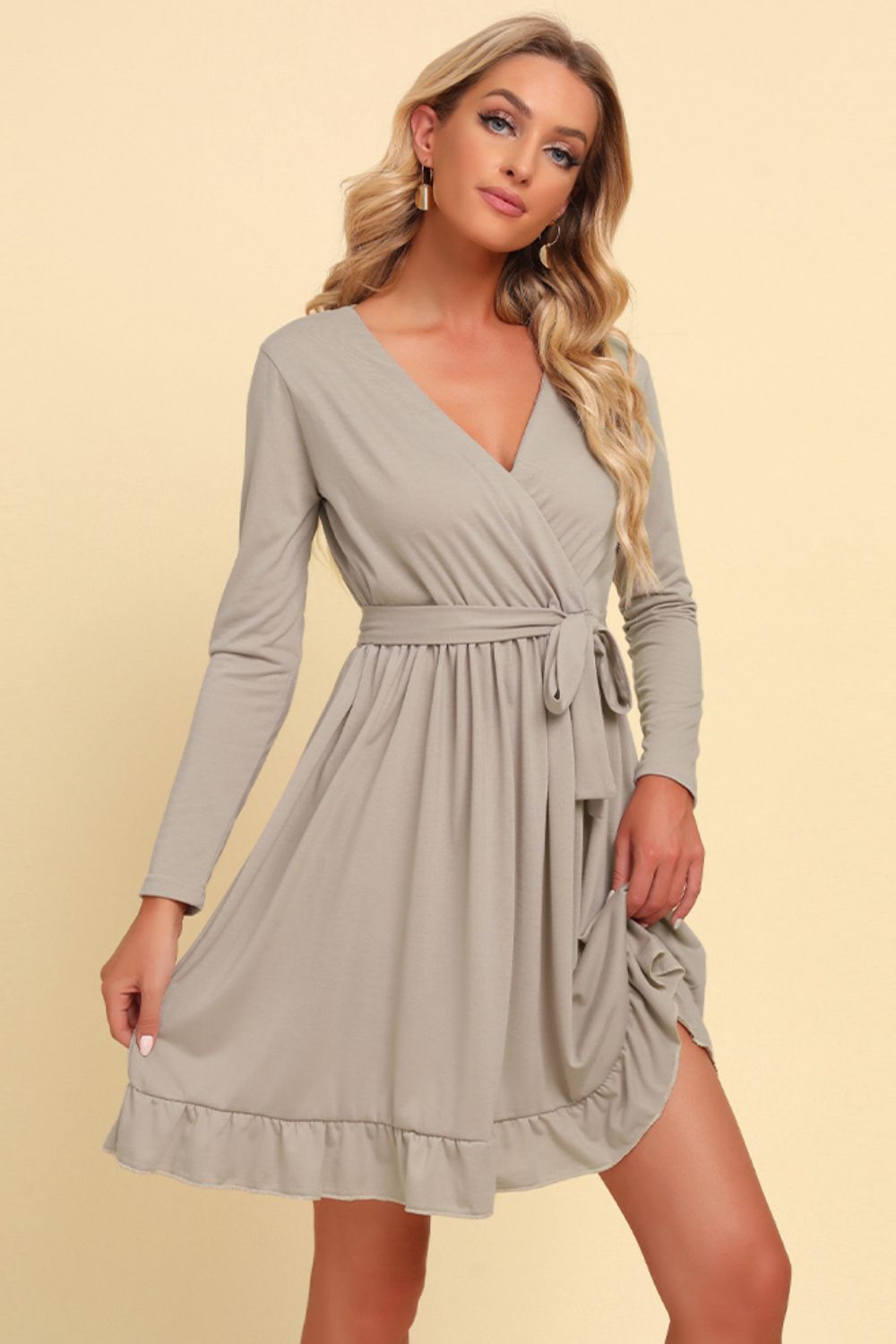 Surplice Long-Sleeve Tie-Waist Mini Dress