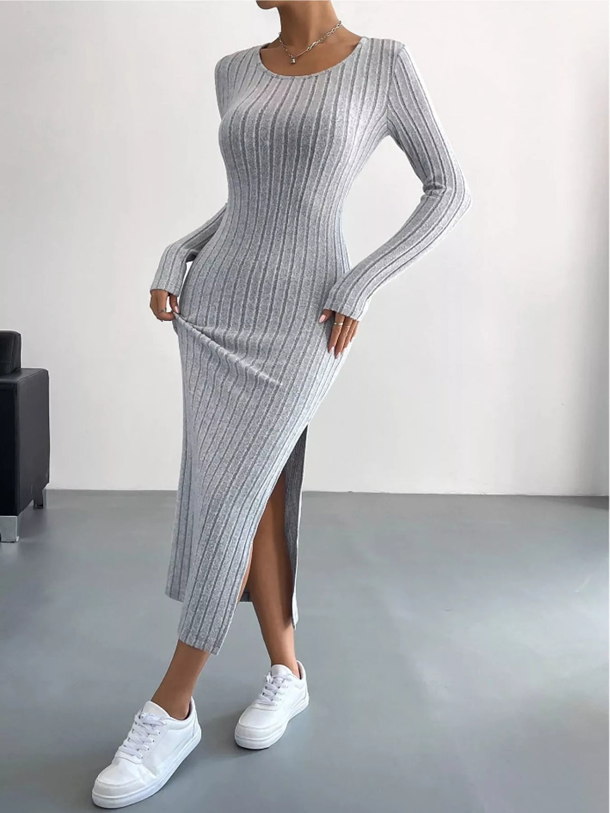 Long-Sleeve Side-Slit Ribbed Knit Midi Dress
