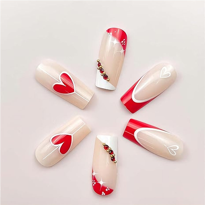 Red & White Heart Press-On Nails – 24 PCS Long Square Head | Valentine's Day Romantic Nail Art — Prime Trend Market