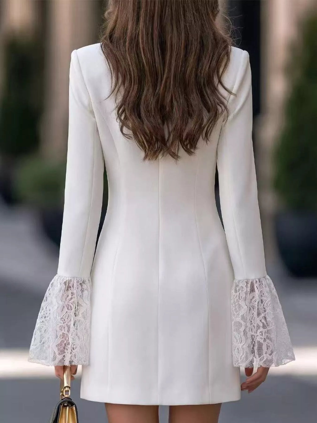 Double-Breasted Blazer Dress with Lace Flare Cuffs