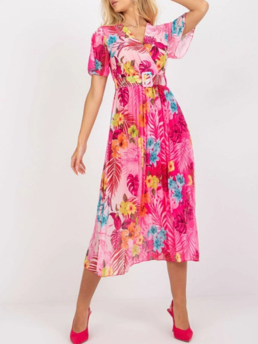 Printed Belted Pleated Wrap-Look Midi Dress