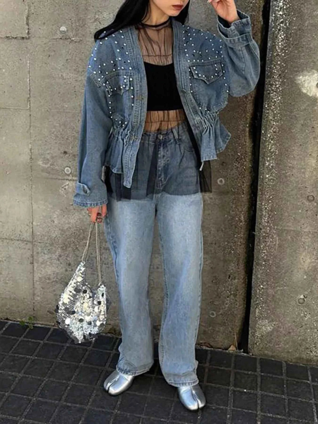 Studded Button-Up Denim-Look Jacket