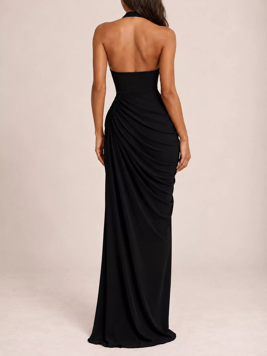 Halter-Neck Ruched High-Slit Maxi Evening Dress