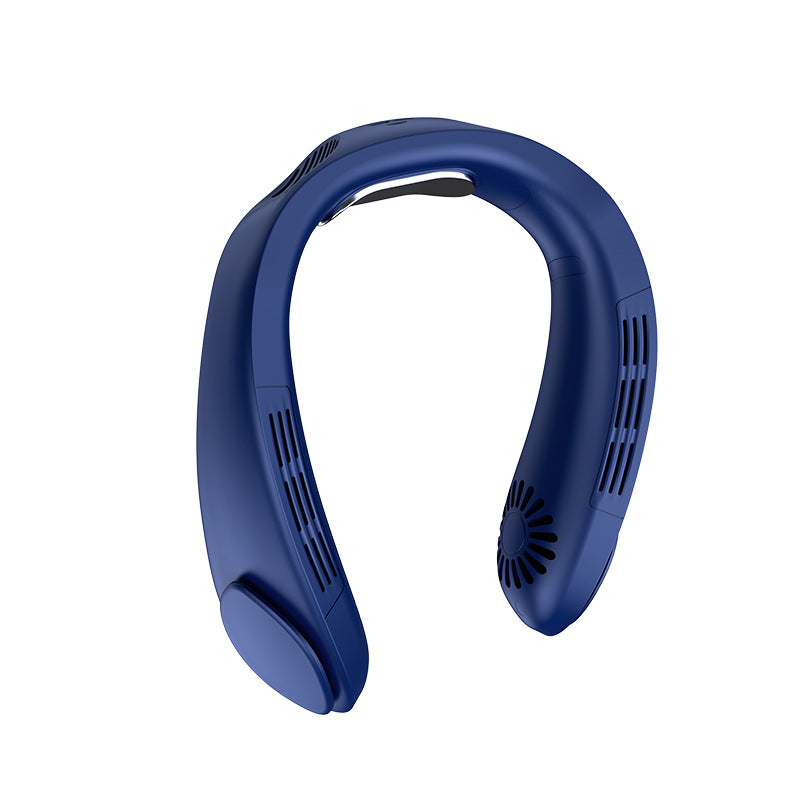 Navy blue wearable neck fan showing its curved neckband and side vents on a white background.