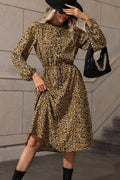 Olive Leopard-Print Drawstring Long-Sleeve Midi Dress