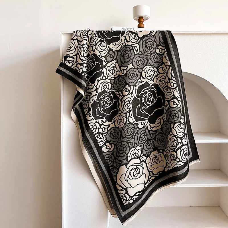 Rose-Pattern Polyester Raw-Hem Scarf