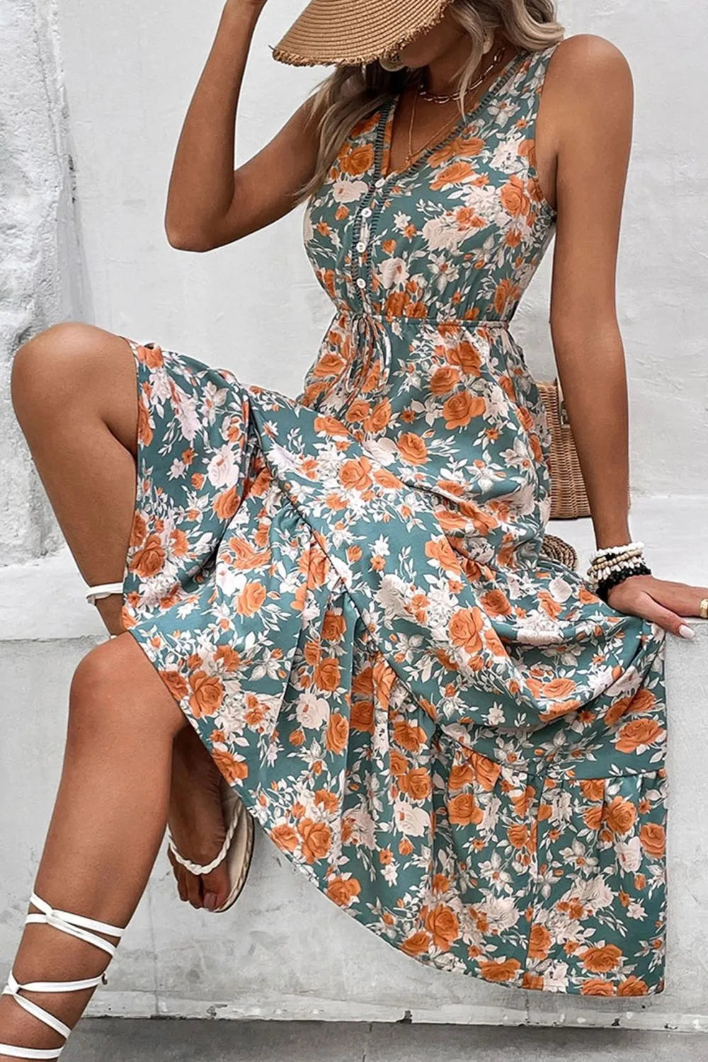 Floral V-Neck Tie-Waist Sleeveless Tiered Dress
