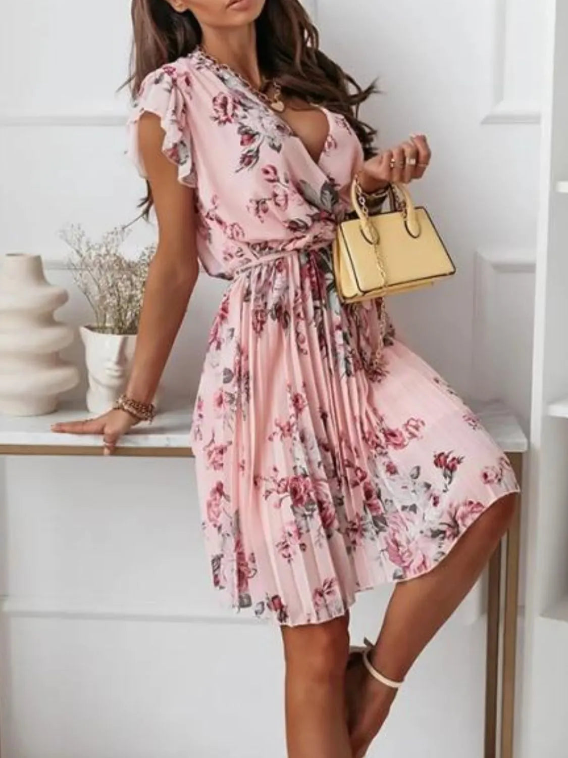Floral Surplice Tie-Waist Ruffle-Cap-Sleeve Dress