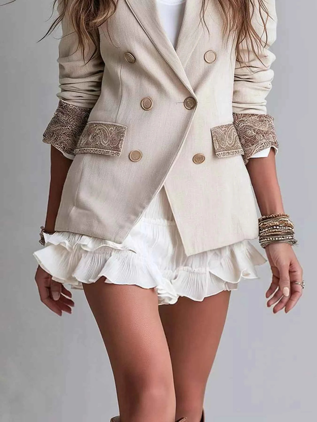 Cream Double-Breasted Lapel-Collar Blazer
