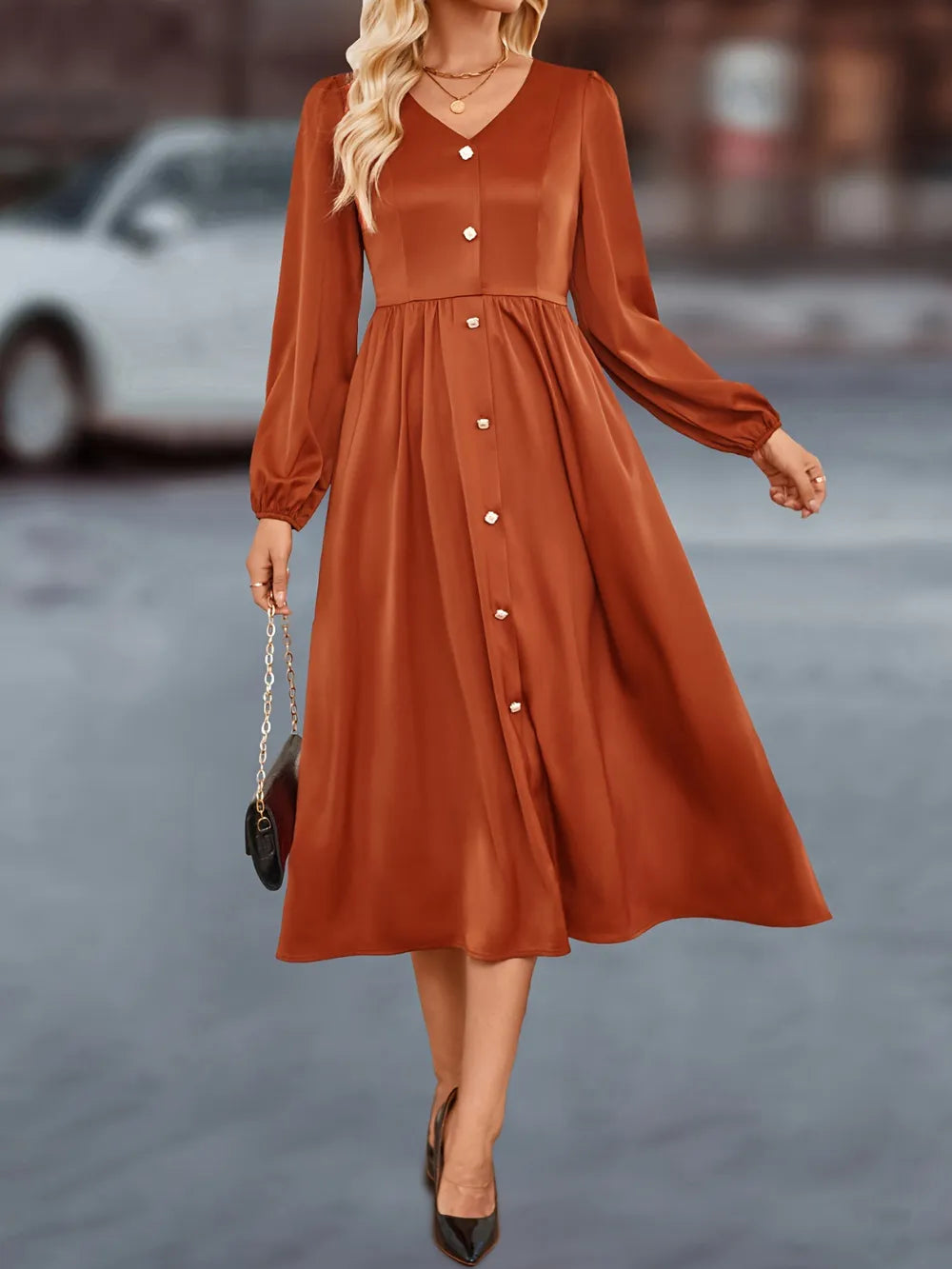 Terracotta V-Neck Balloon-Sleeve Midi Dress