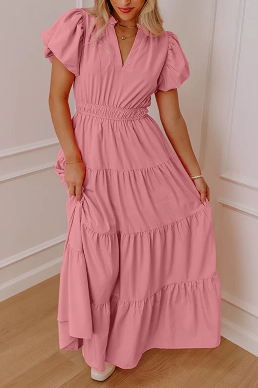 Ruffled Tiered Puff-Sleeve Maxi Dress