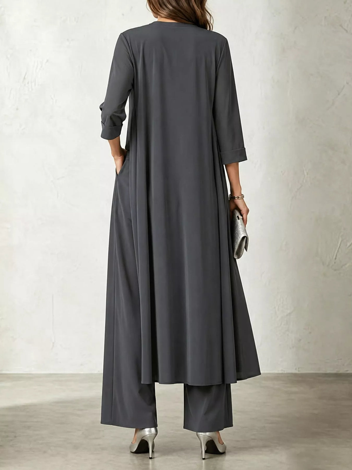 Cowl-Neck Top, Cardigan & Wide-Leg Pants Three-Piece Set