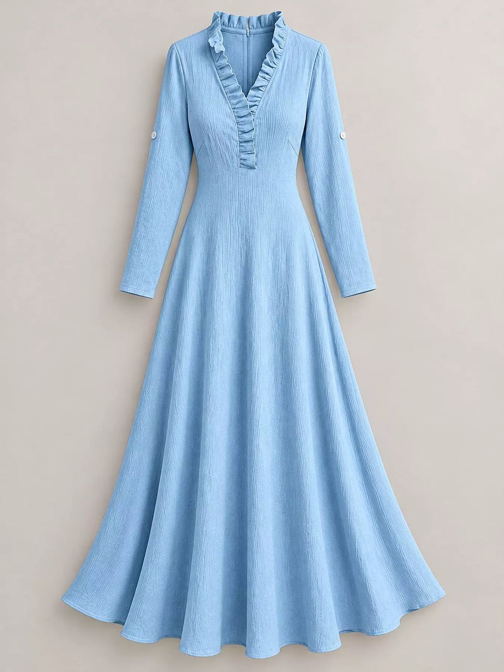 Frill V-Neck Roll-Tab Sleeve Maxi Dress, XS–3XL
