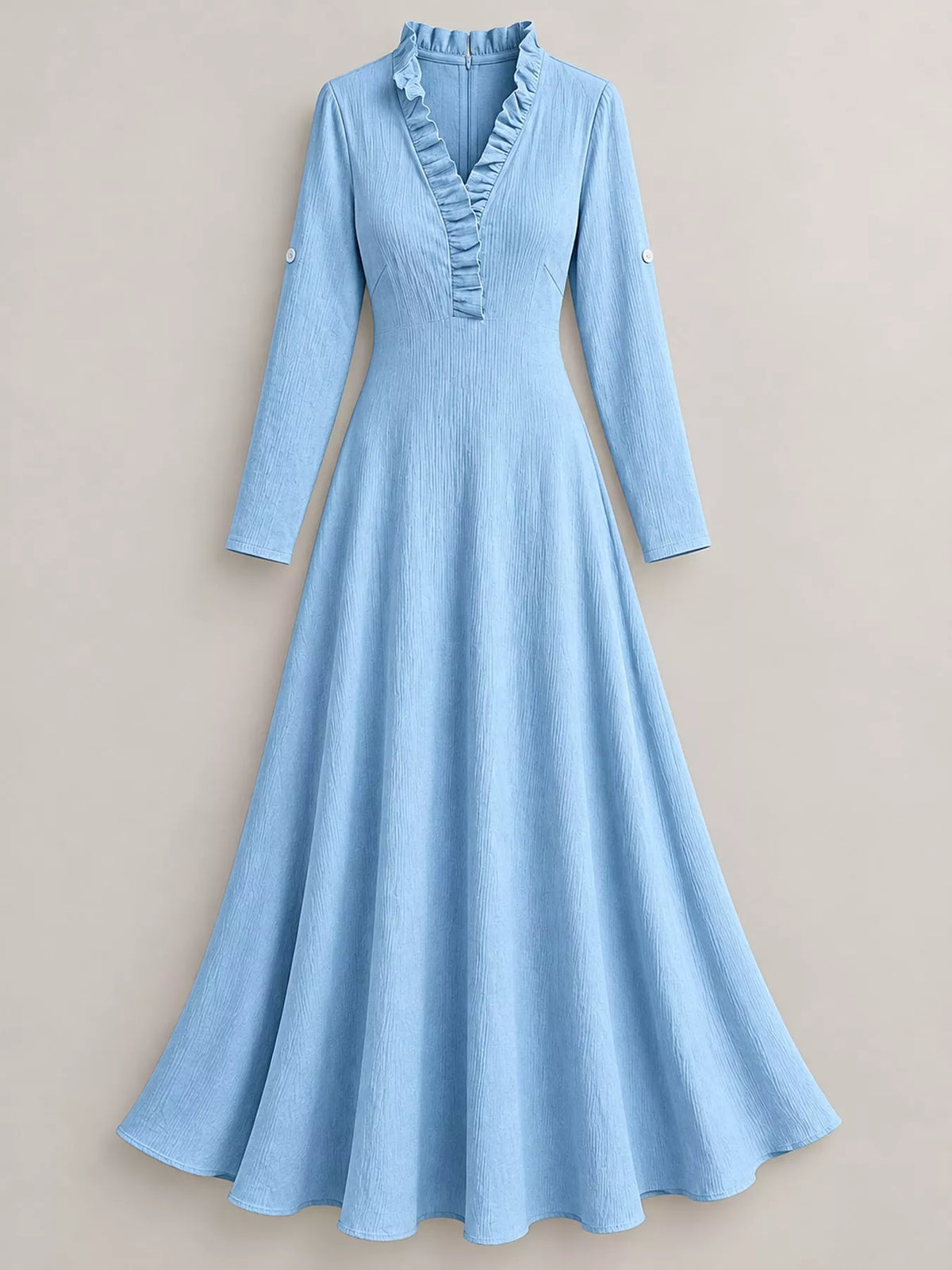 Frill V-Neck Roll-Tab Sleeve Maxi Dress, XS–3XL