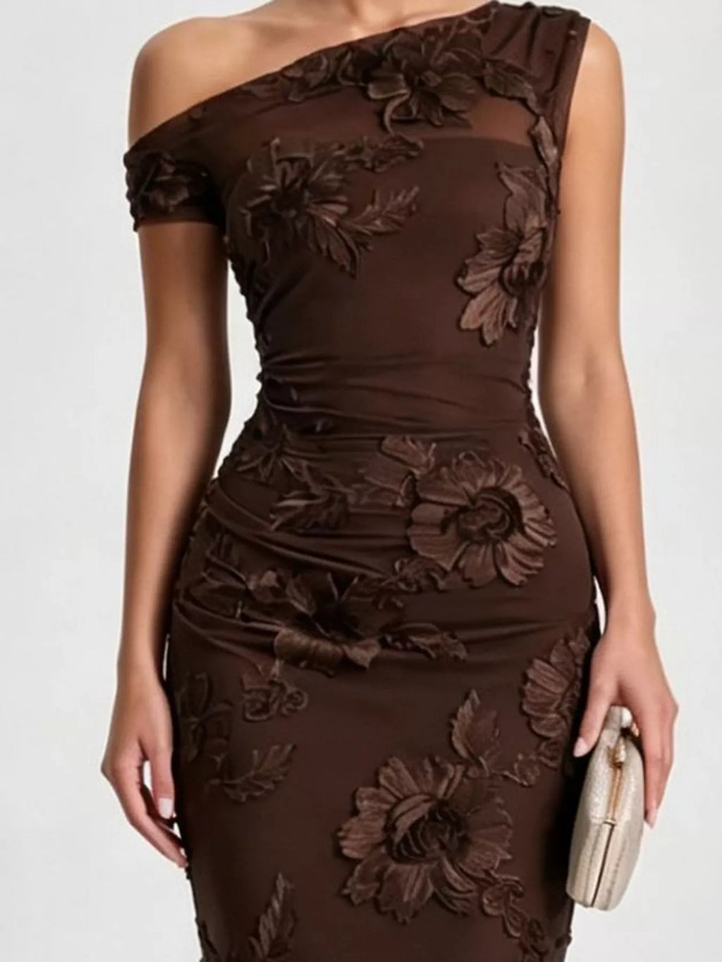 One-Shoulder Floral Embroidered Maxi Dress