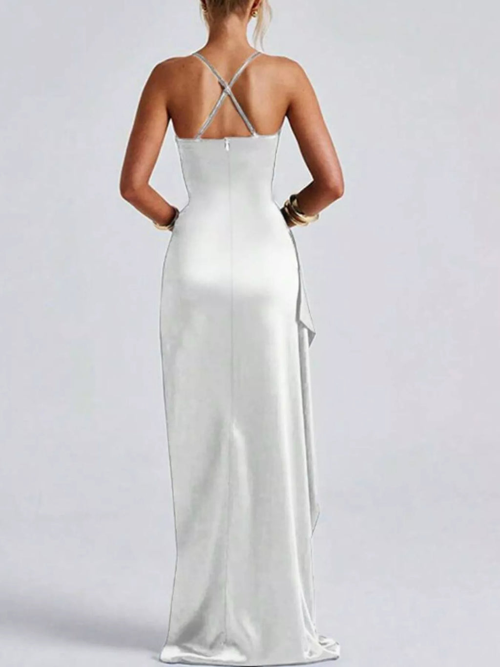 Satin Ruched High-Slit Maxi Dress