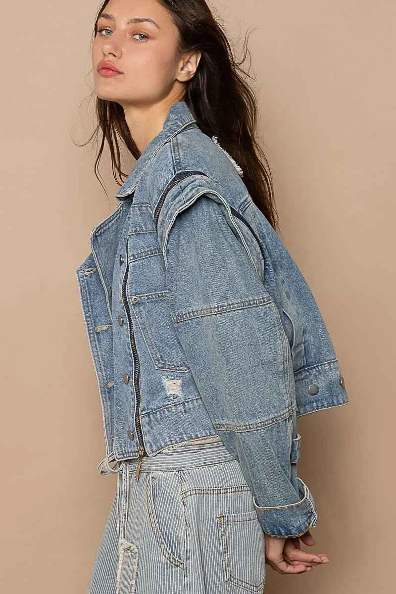 POL Dusty Blue Cropped Jacket with Zipper Details