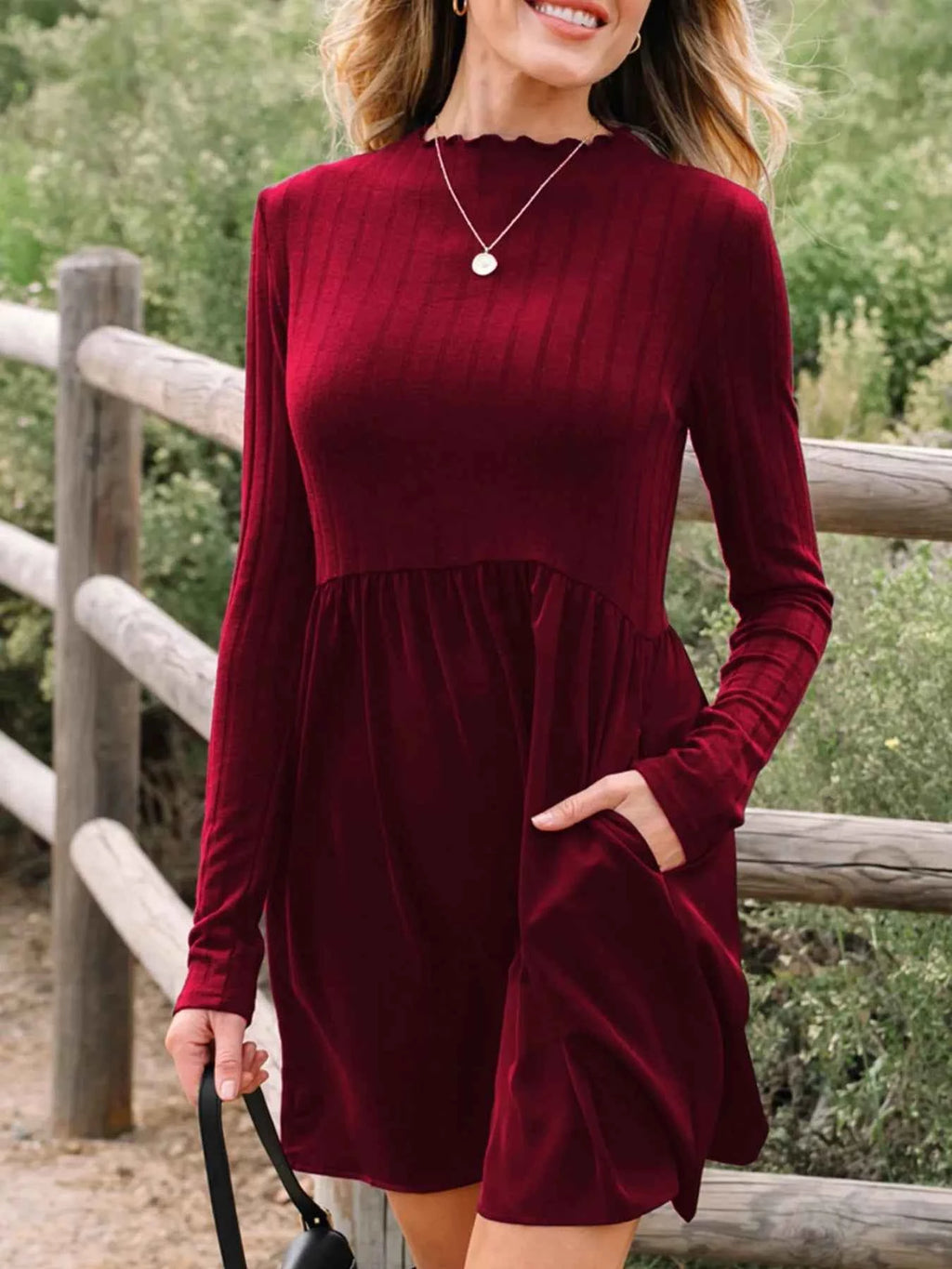 Burgundy Frilled-Neck Ribbed Knit Mini Dress
