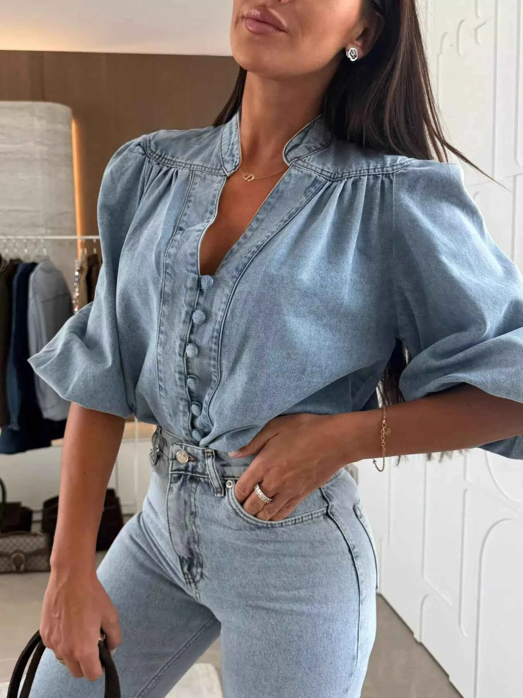 Button-Down Puff-Sleeve Denim Blouse