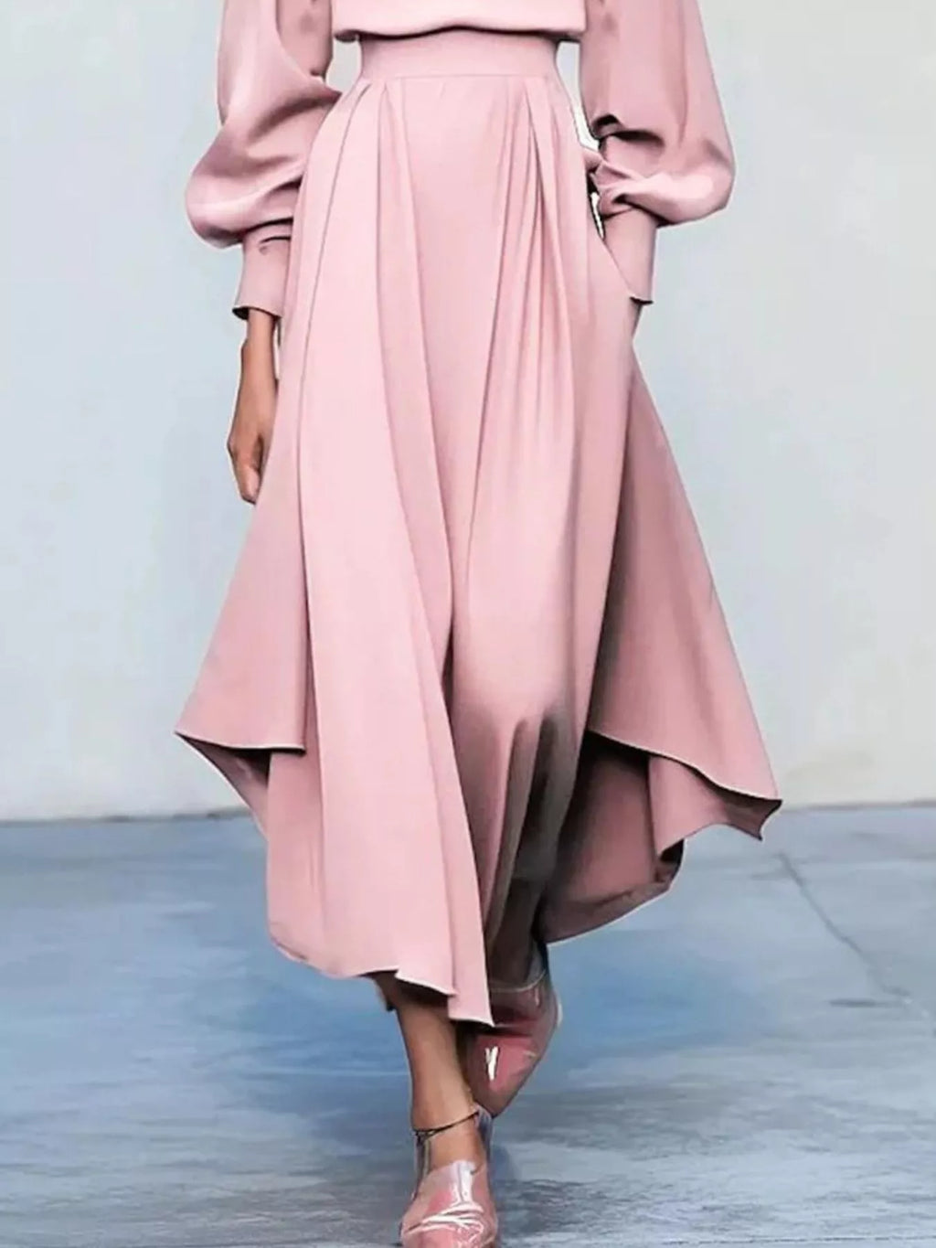 Pleated Lantern-Sleeve Midi Dress