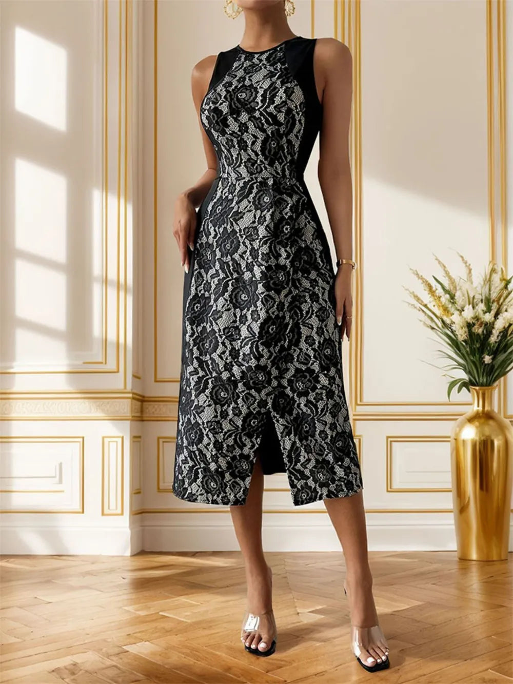 Perfee Rose-Print Sleeveless Slit Midi Dress