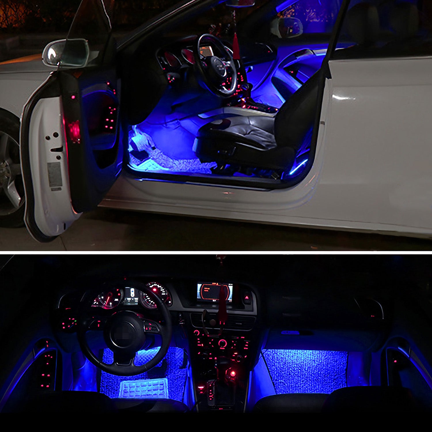 4Pcs Blue LED Car Interior Atmosphere Lights | DC 12V | 360° Adjustable | One-Button Control | Easy Install — Eliza & Tuan
