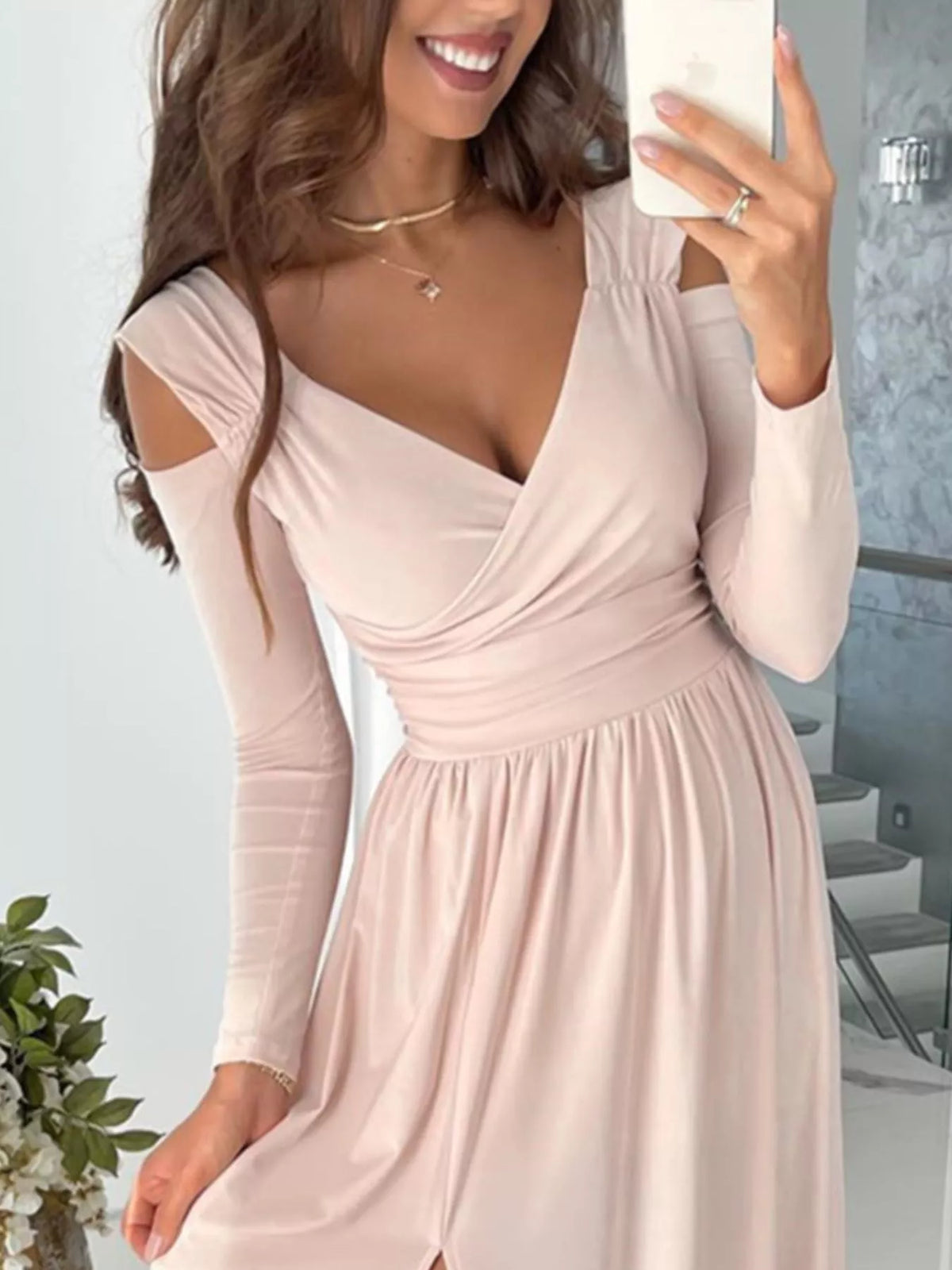 Surplice Cold-Shoulder Slit Maxi Dress