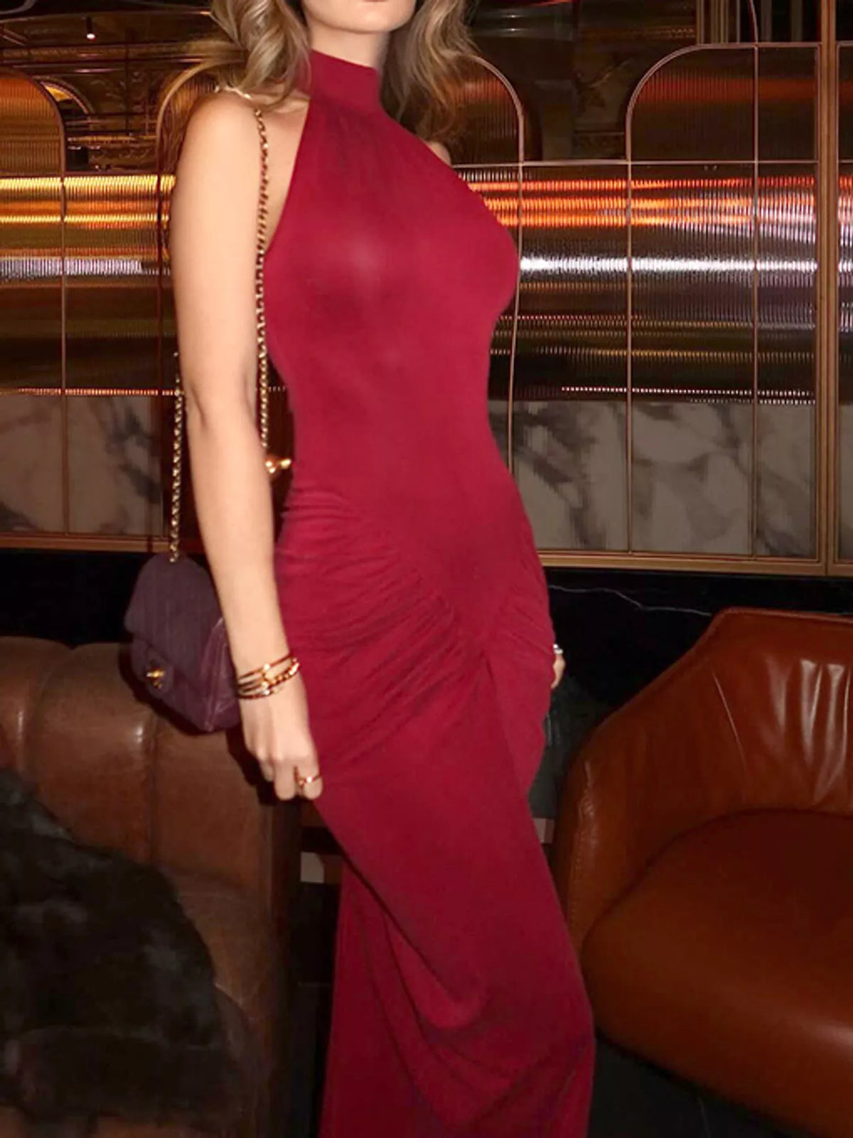 Ruched High-Neck Sleeveless Slit Maxi Dress