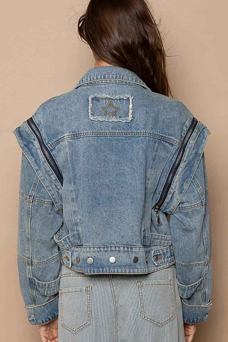 POL Dusty Blue Cropped Jacket with Zipper Details