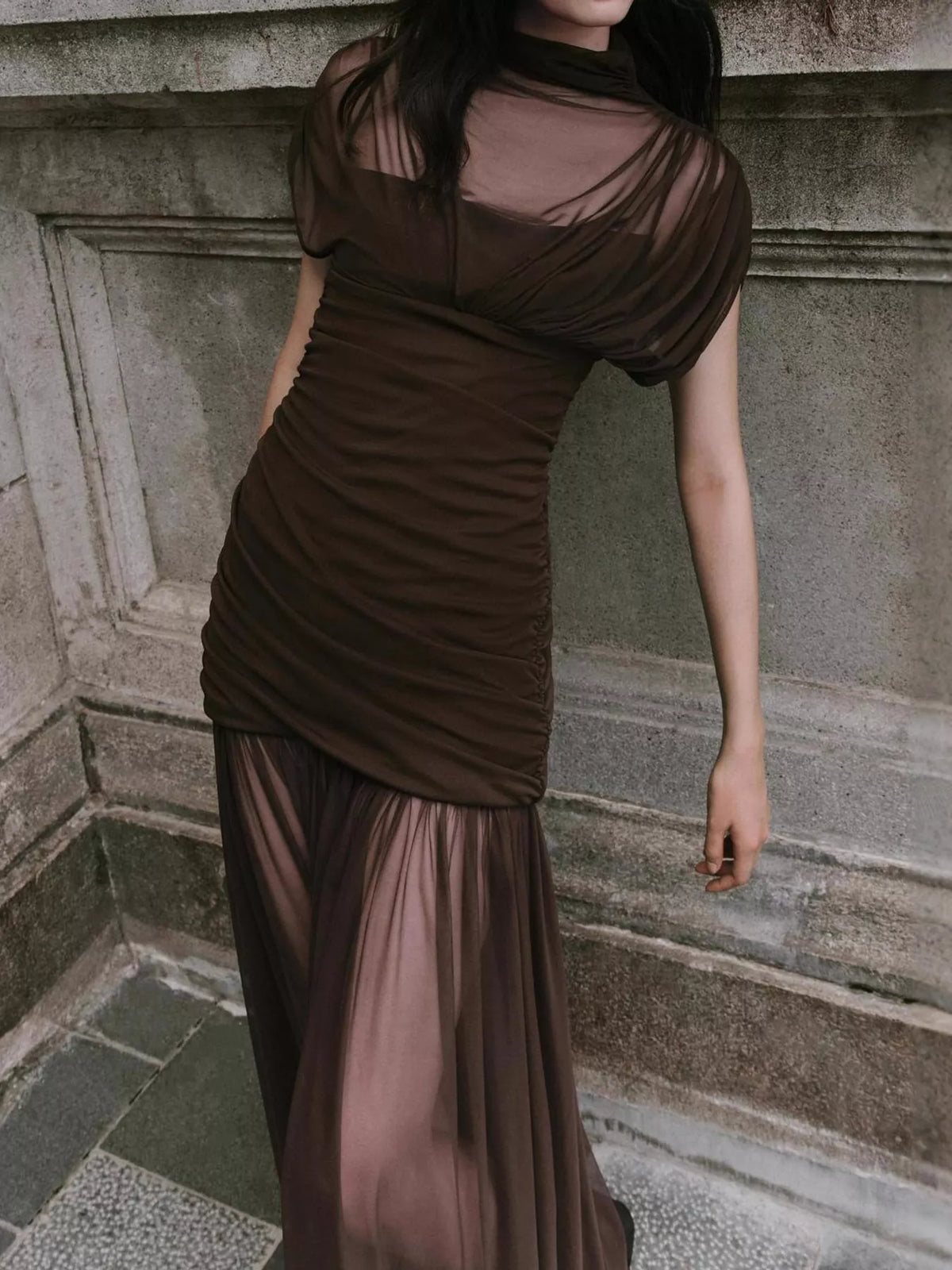 Mock-Neck Ruched Sheer Mesh Maxi Dress