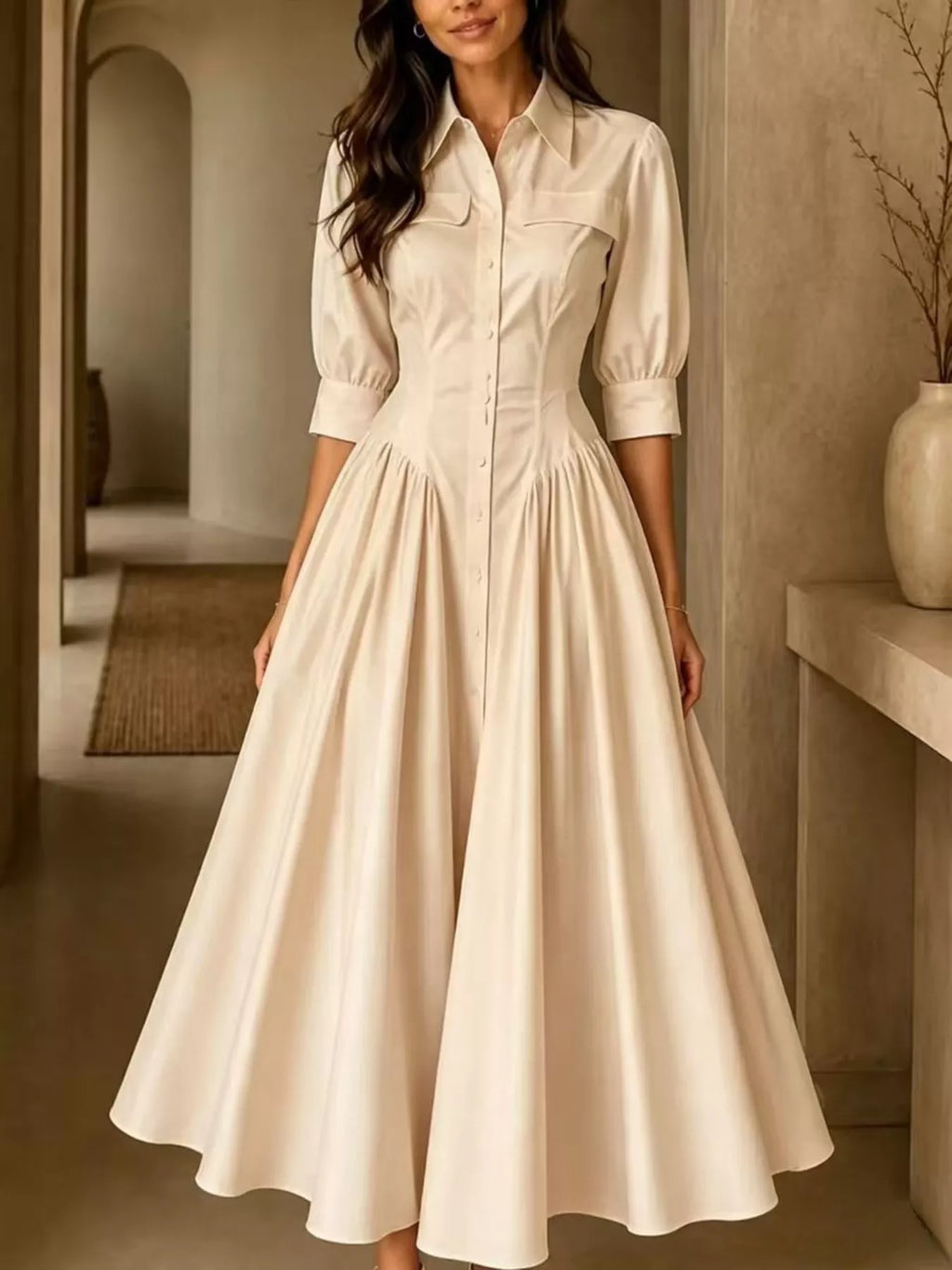 Collared Cinched-Waist Button-Front Midi Dress