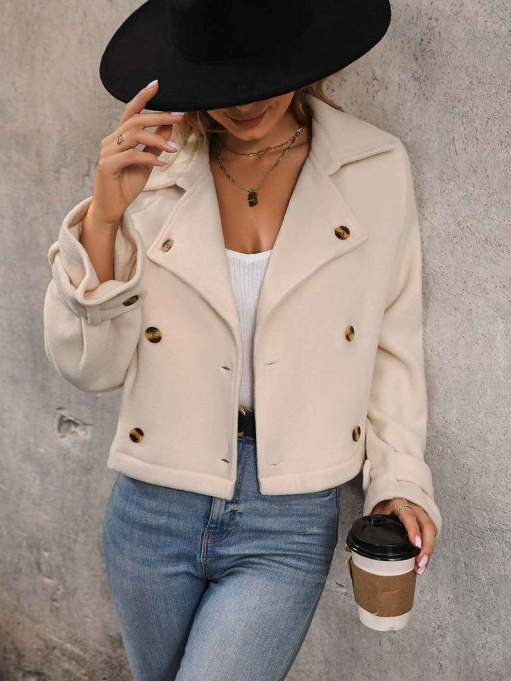 Sand Double-Breasted Cropped Jacket