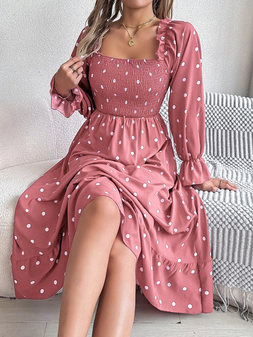Polka-Dot Square-Neck Smocked Flounce-Sleeve Midi Dress