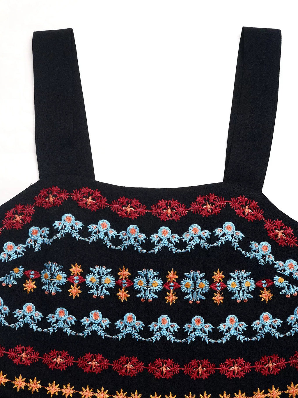 Black Floral-Embroidered Wide-Strap Romper