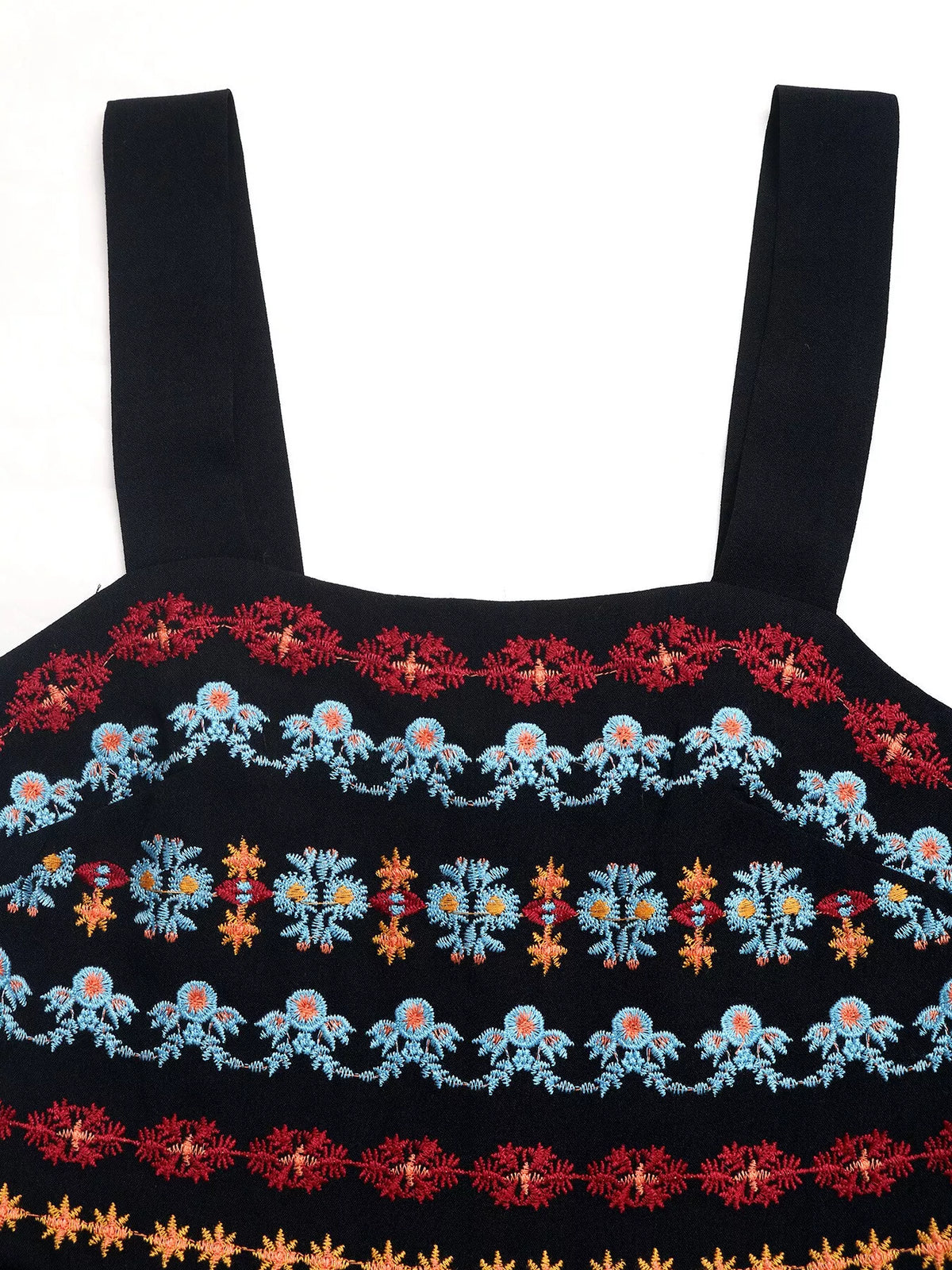Black Floral-Embroidered Wide-Strap Romper