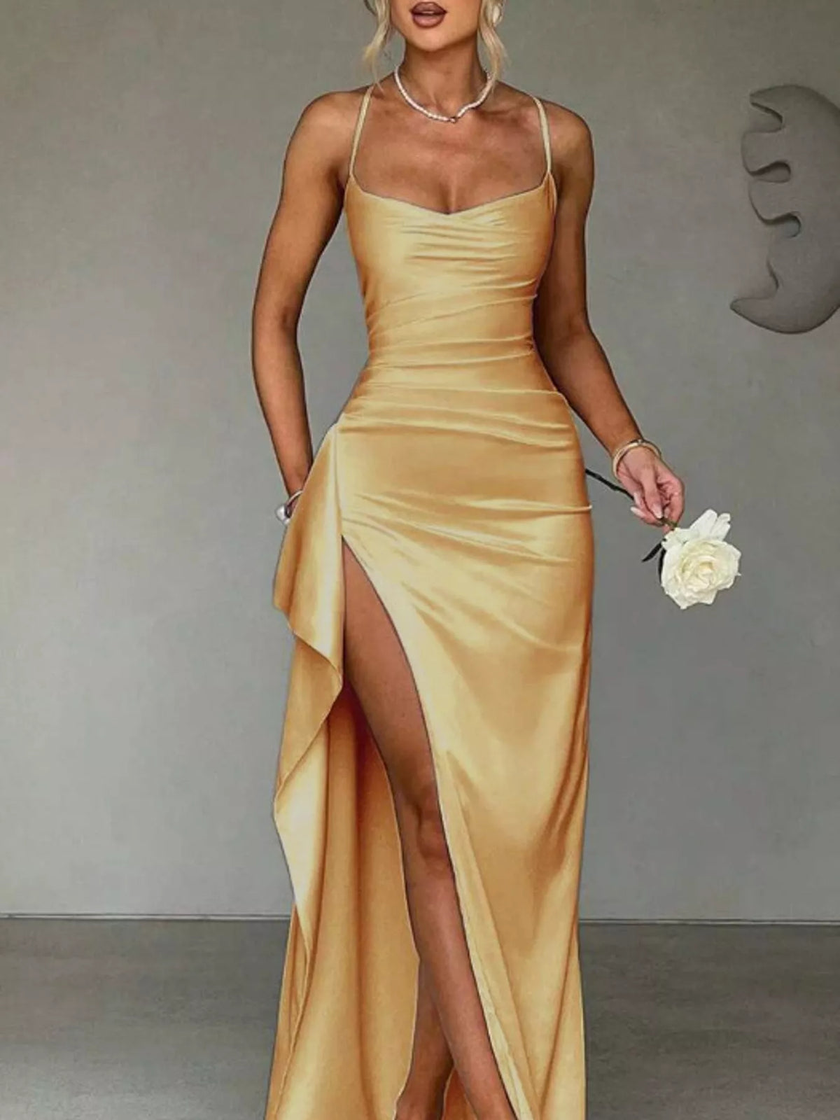 Satin Ruched High-Slit Maxi Dress