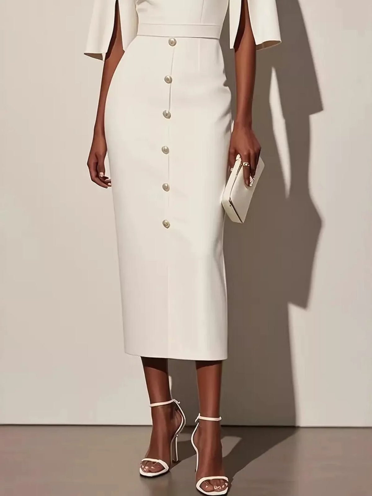 Slit-Sleeve Decorative-Button Midi Dress