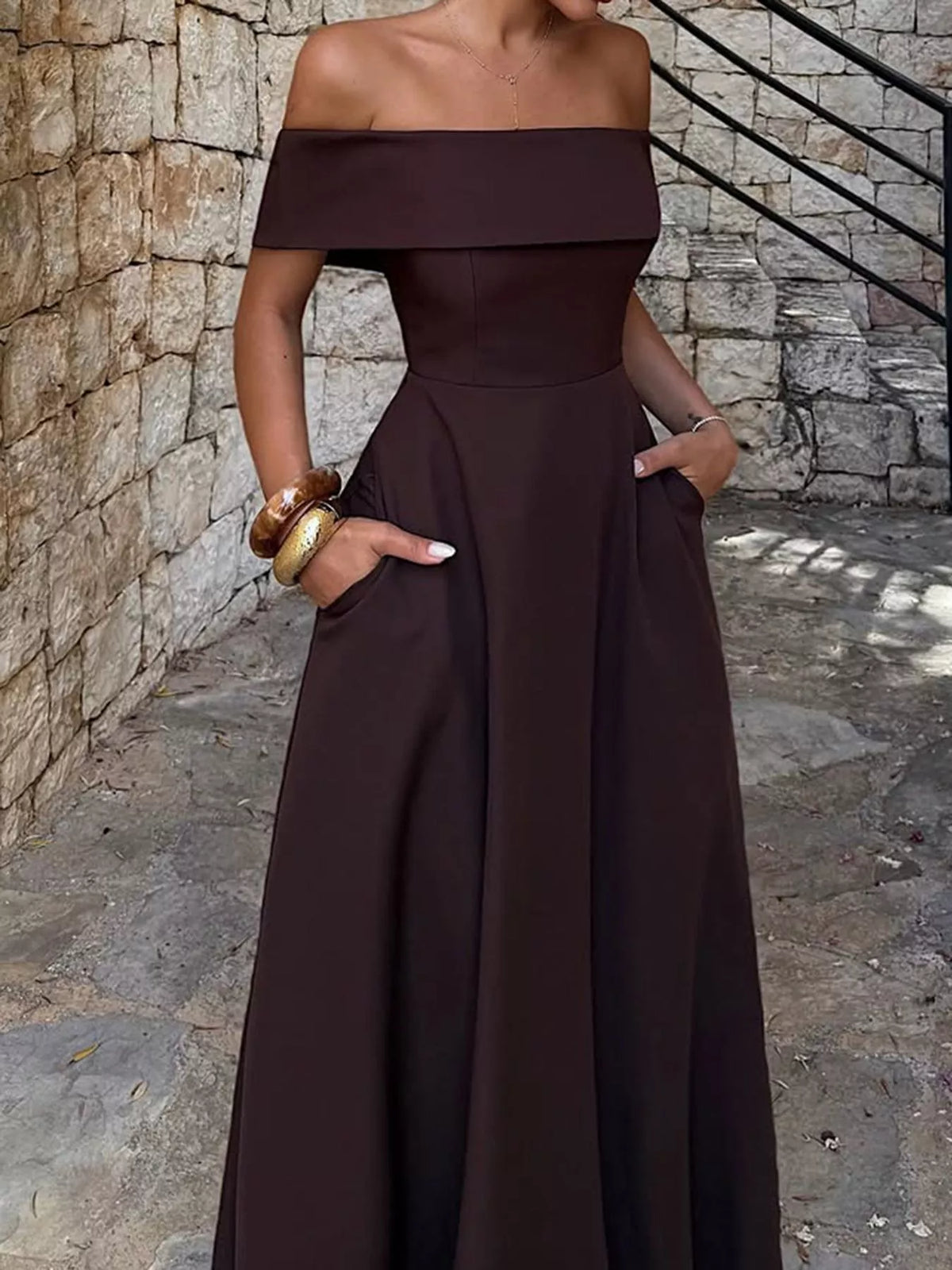 Burgundy Off-Shoulder A-Line Maxi Dress with Pockets