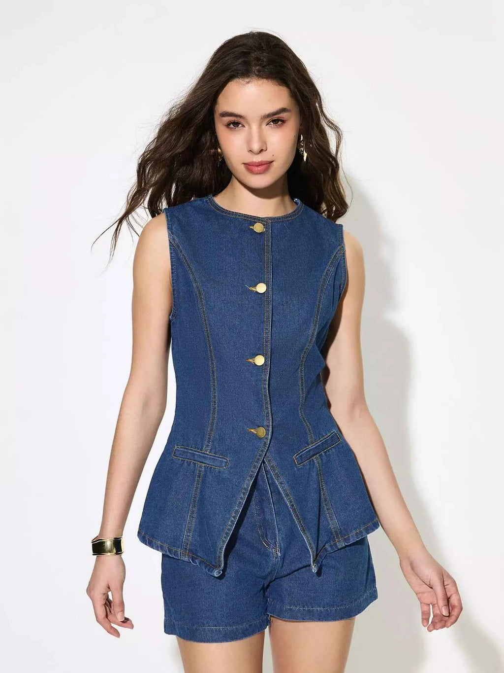 Blue Button-Up Sleeveless Denim Top