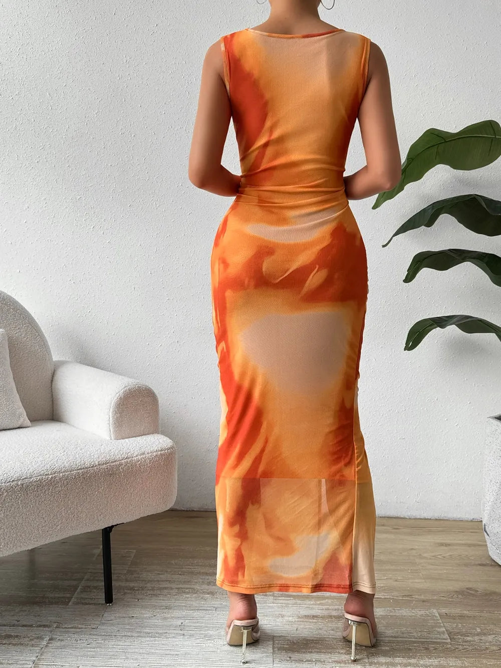 Honey Printed Round-Neck Slit Tank Dress