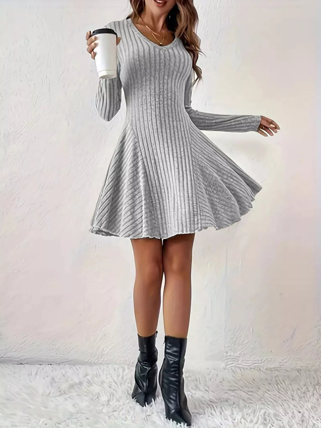 Long-Sleeve Ribbed Knit A-Line Mini Dress