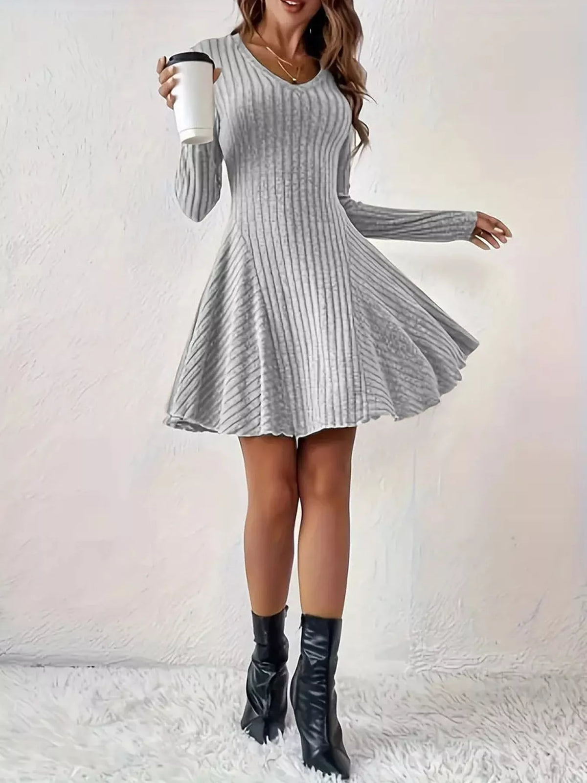Long-Sleeve Ribbed Knit A-Line Mini Dress