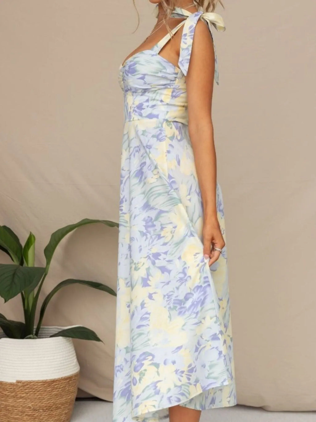 Floral Tie-Strap Sweetheart Midi Dress