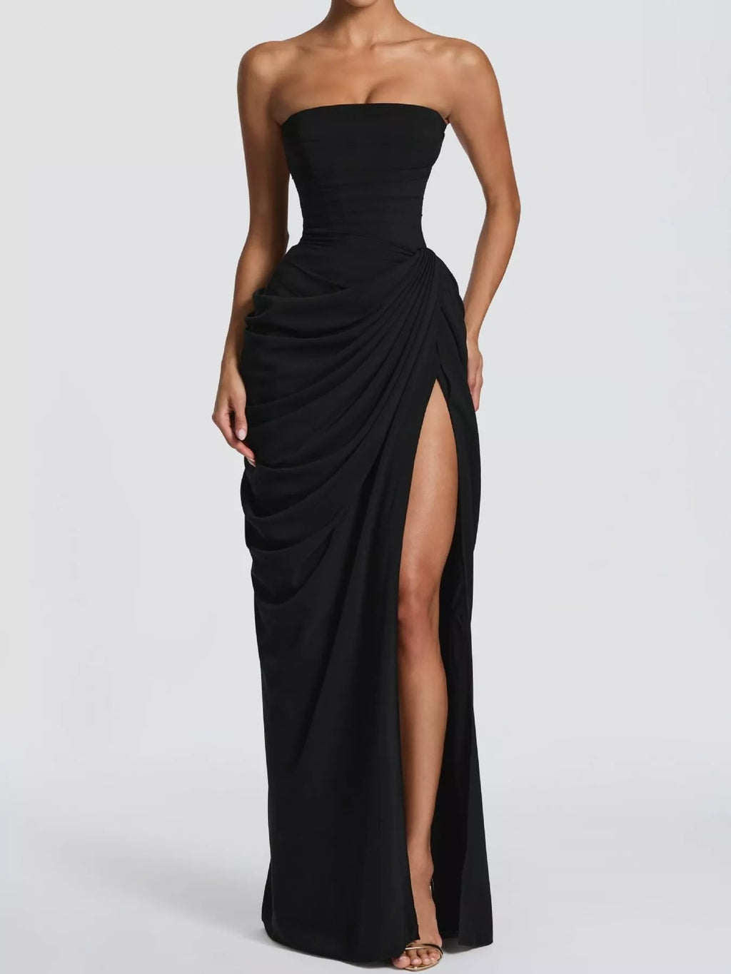 Strapless Ruched High-Slit Evening Dress
