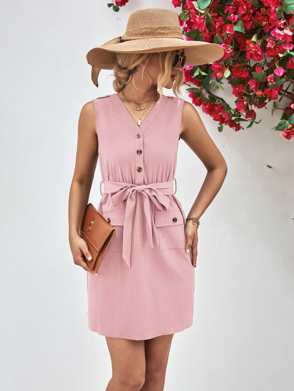 V-Neck Button-Detail Tie-Waist Sleeveless Mini Dress