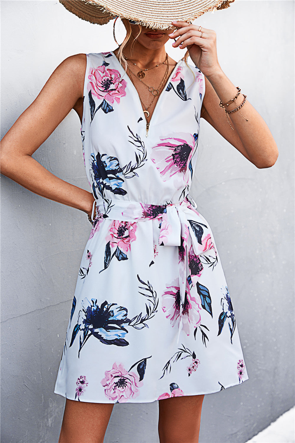 Printed Zip-Detail Belted Sleeveless Mini Dress