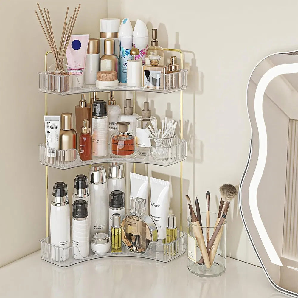 3-Tier Corner Bathroom Storage Rack — Clear Acrylic Countertop Organizer | Perfume & Cosmetic Tray — Prime Trend Market