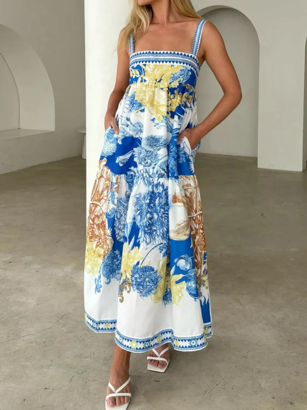Blue Printed Sleeveless Cami Maxi Dress with Pockets