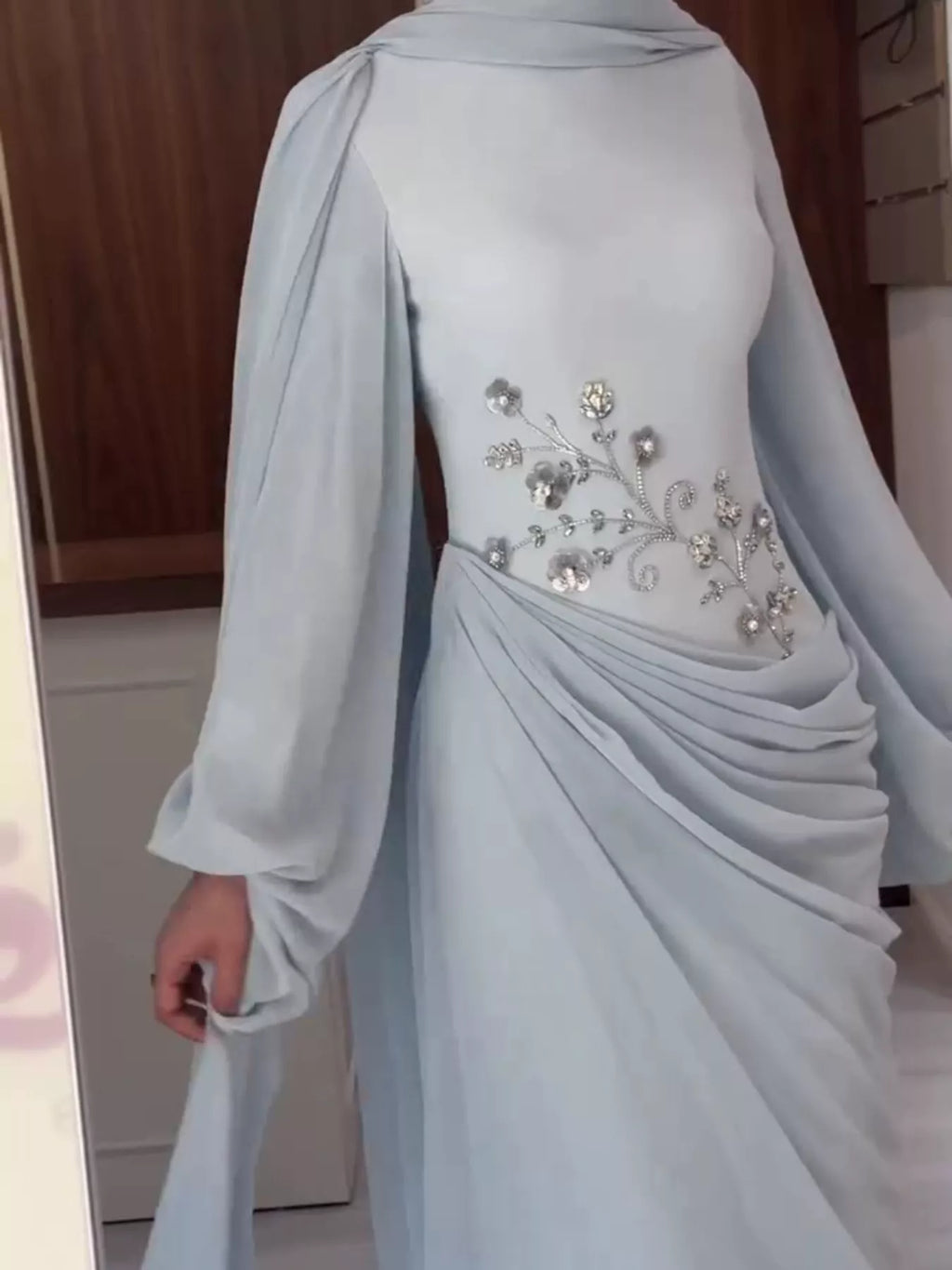 Floral-Embellished Long-Sleeve Ruched Evening Maxi Dress | S–3XL