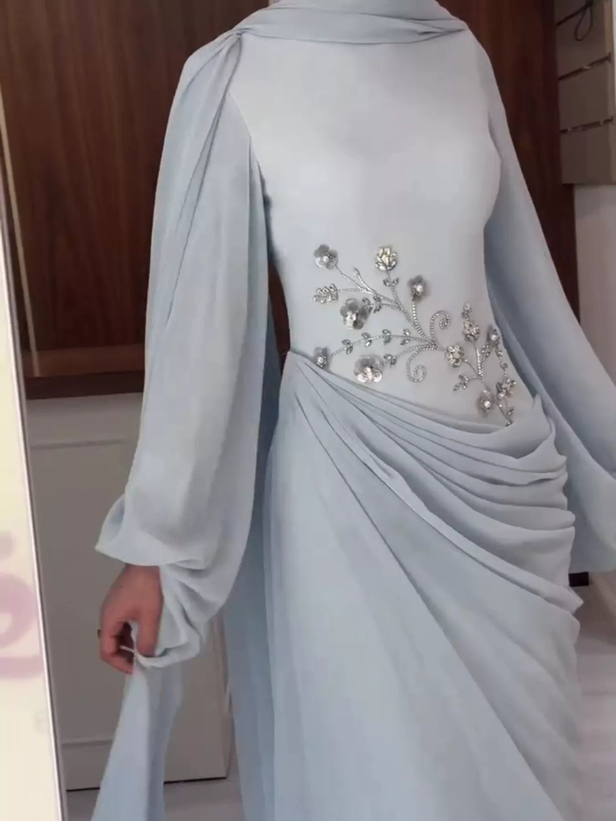 Floral-Embellished Long-Sleeve Ruched Evening Maxi Dress | S–3XL